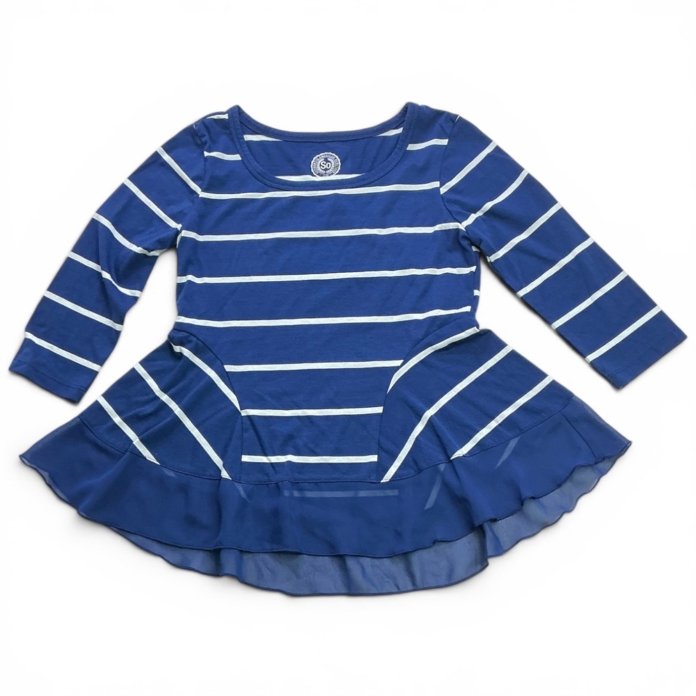 SO Blue Striped Peplum Top Kids Size 10 Chiffon Hem 3/4 Sleeve DG63K041RP